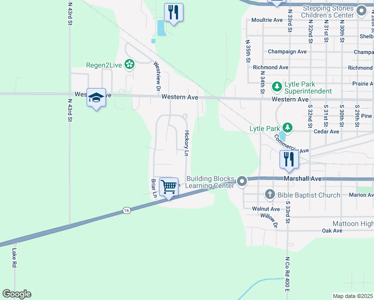 map of restaurants, bars, coffee shops, grocery stores, and more near 398 Hickory Ln in Mattoon