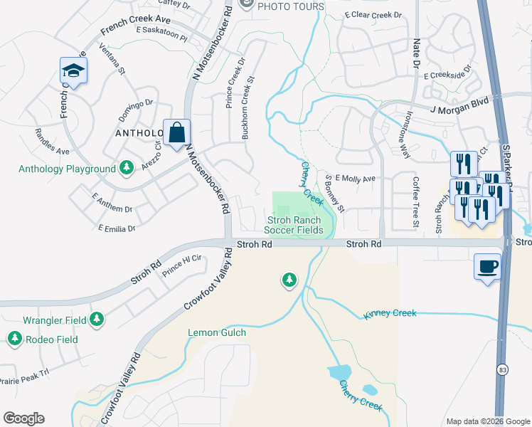 map of restaurants, bars, coffee shops, grocery stores, and more near 18669 Stroh Road in Parker