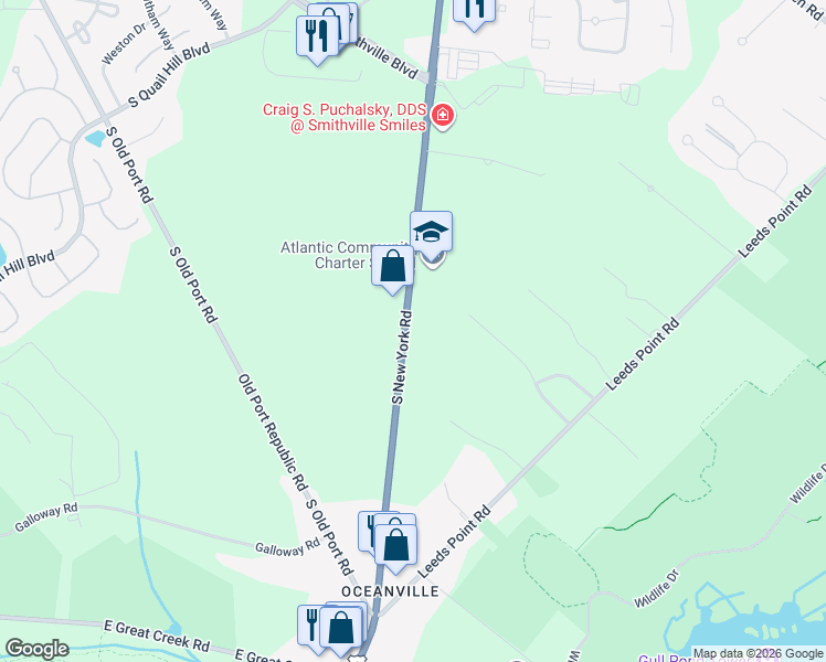 map of restaurants, bars, coffee shops, grocery stores, and more near 119 South New York Road in Galloway