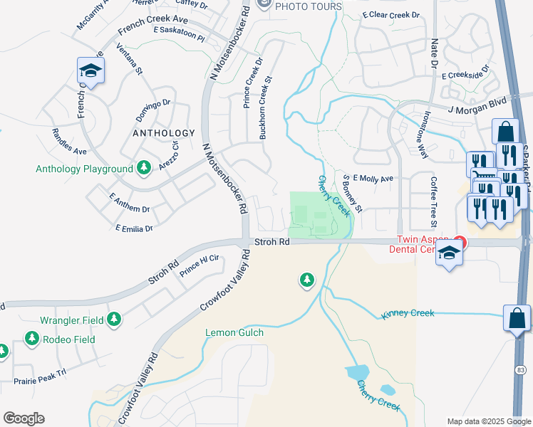 map of restaurants, bars, coffee shops, grocery stores, and more near 18657 East Stroh Road in Parker