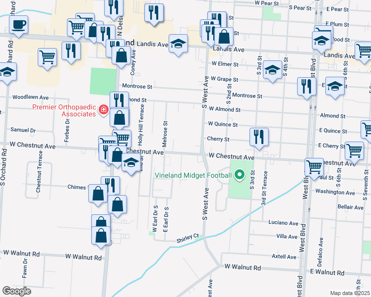 map of restaurants, bars, coffee shops, grocery stores, and more near 68 West Chestnut Avenue in Vineland