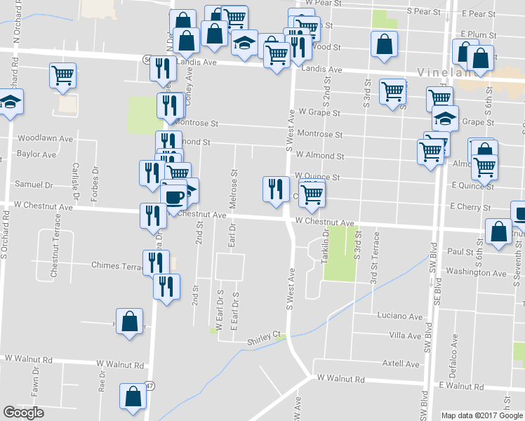 map of restaurants, bars, coffee shops, grocery stores, and more near 68 West Chestnut Avenue in Vineland