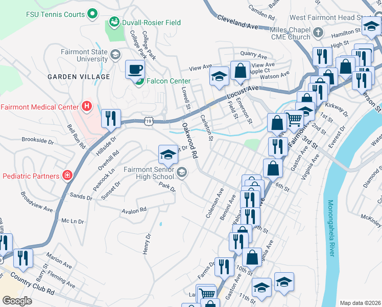 map of restaurants, bars, coffee shops, grocery stores, and more near 14 Oakwood Road in Fairmont