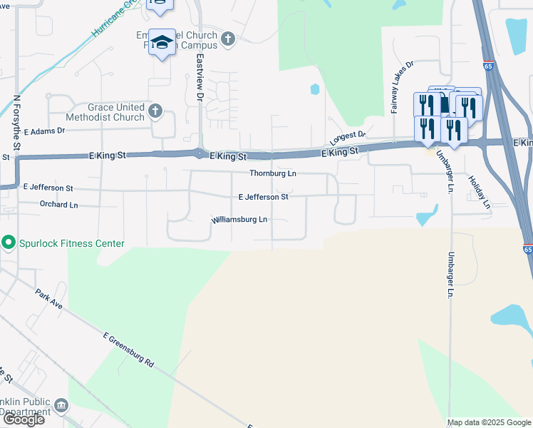 map of restaurants, bars, coffee shops, grocery stores, and more near 1694 Williamsburg Lane in Franklin