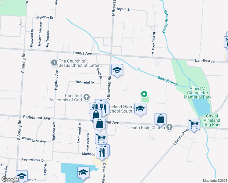 map of restaurants, bars, coffee shops, grocery stores, and more near 259 South Brewster Road in Vineland