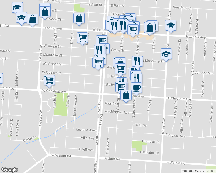 map of restaurants, bars, coffee shops, grocery stores, and more near 511 East Cherry Street in Vineland