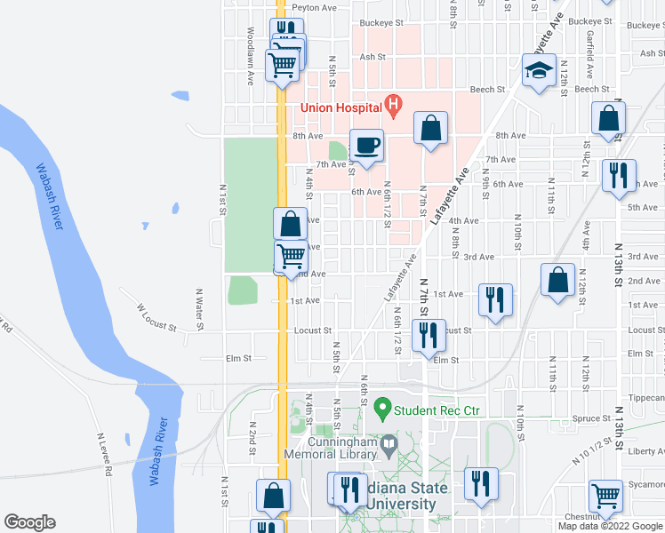 map of restaurants, bars, coffee shops, grocery stores, and more near 432 2nd Avenue in Terre Haute