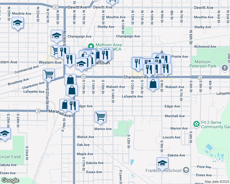 map of restaurants, bars, coffee shops, grocery stores, and more near 312 South 14th Street in Mattoon