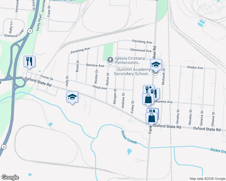 map of restaurants, bars, coffee shops, grocery stores, and more near 3200 Morgan Street in Middletown