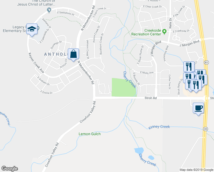 map of restaurants, bars, coffee shops, grocery stores, and more near 18657 Stroh Road in Parker
