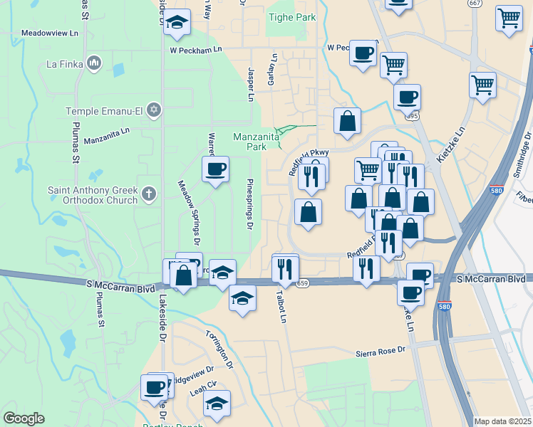 map of restaurants, bars, coffee shops, grocery stores, and more near 4959 Talbot Lane in Reno