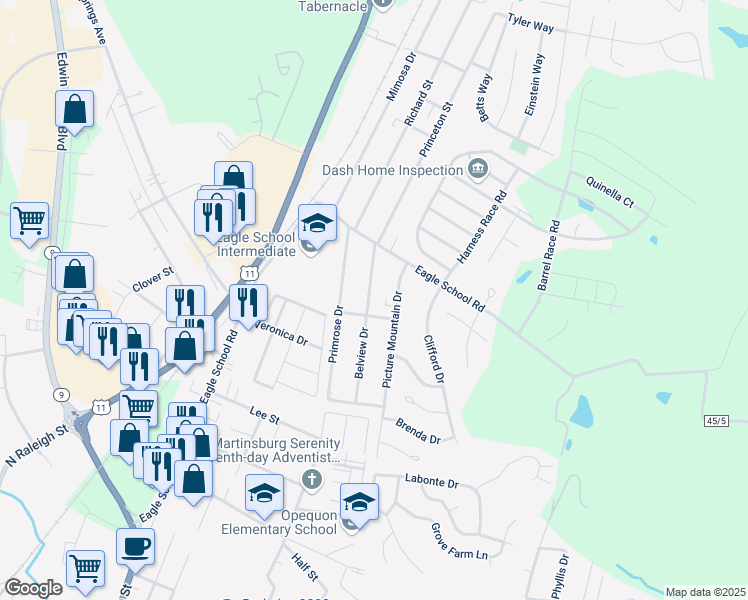 map of restaurants, bars, coffee shops, grocery stores, and more near 129 Belview Drive in Martinsburg