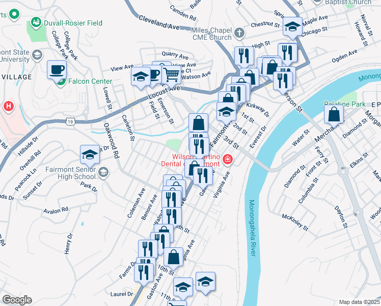 map of restaurants, bars, coffee shops, grocery stores, and more near 428 Walnut Avenue in Fairmont