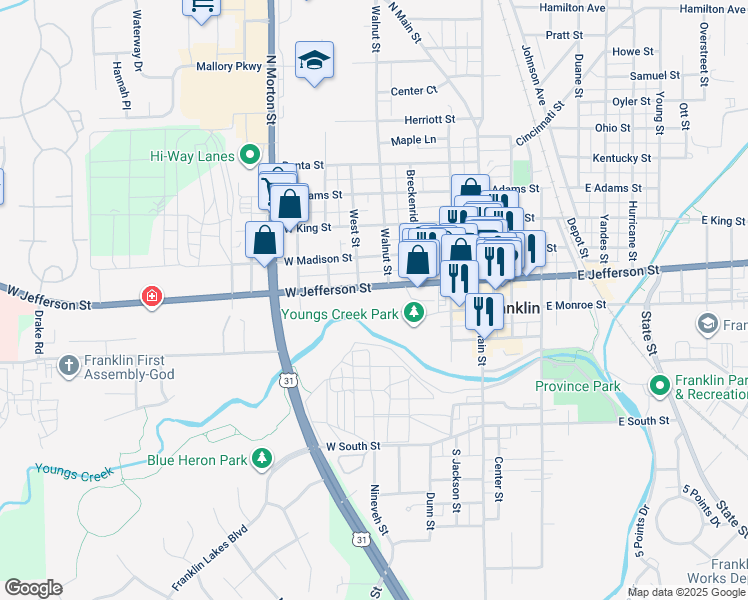 map of restaurants, bars, coffee shops, grocery stores, and more near 301 West Jefferson Street in Franklin