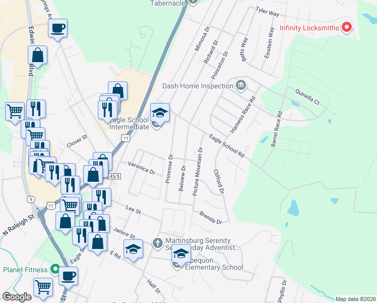 map of restaurants, bars, coffee shops, grocery stores, and more near 129 Belview Drive in Martinsburg