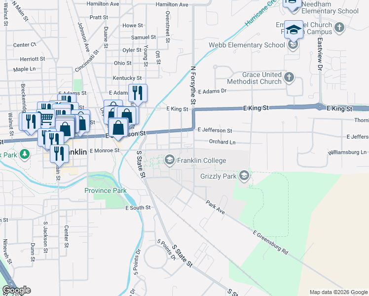 map of restaurants, bars, coffee shops, grocery stores, and more near 99 South Hougham Street in Franklin