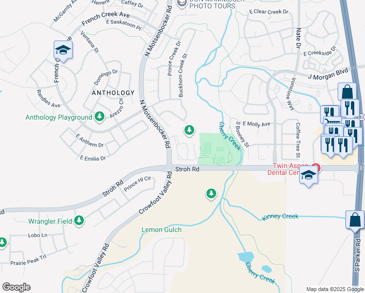 map of restaurants, bars, coffee shops, grocery stores, and more near 18657 Stroh Road in Parker