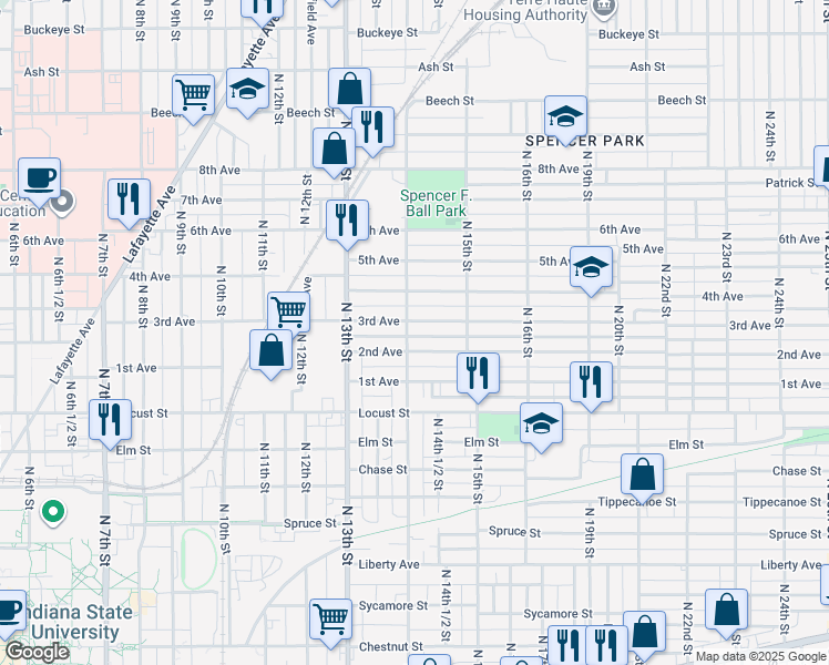 map of restaurants, bars, coffee shops, grocery stores, and more near 1401 3rd Avenue in Terre Haute