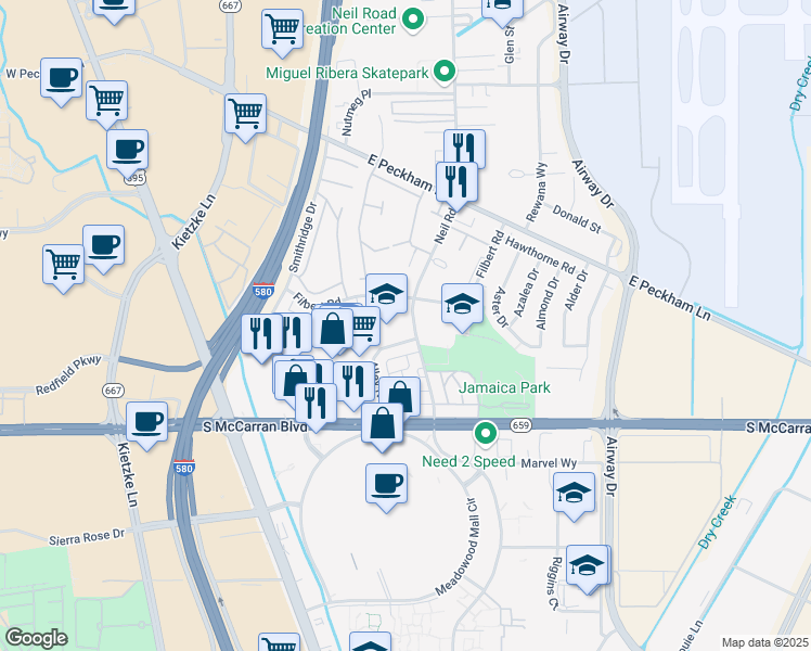 map of restaurants, bars, coffee shops, grocery stores, and more near 4801 Neil Road in Reno