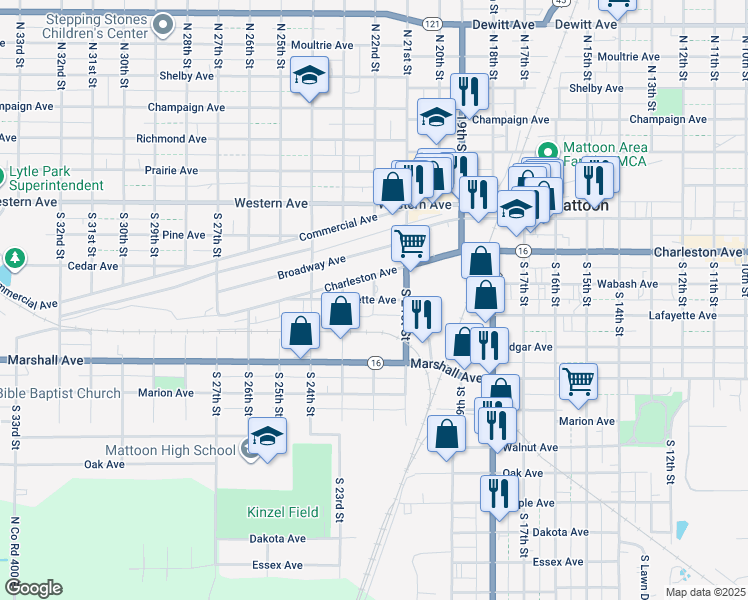 map of restaurants, bars, coffee shops, grocery stores, and more near 2100 Lafayette Avenue in Mattoon