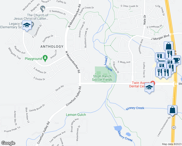 map of restaurants, bars, coffee shops, grocery stores, and more near 18669 East Stroh Road in Parker