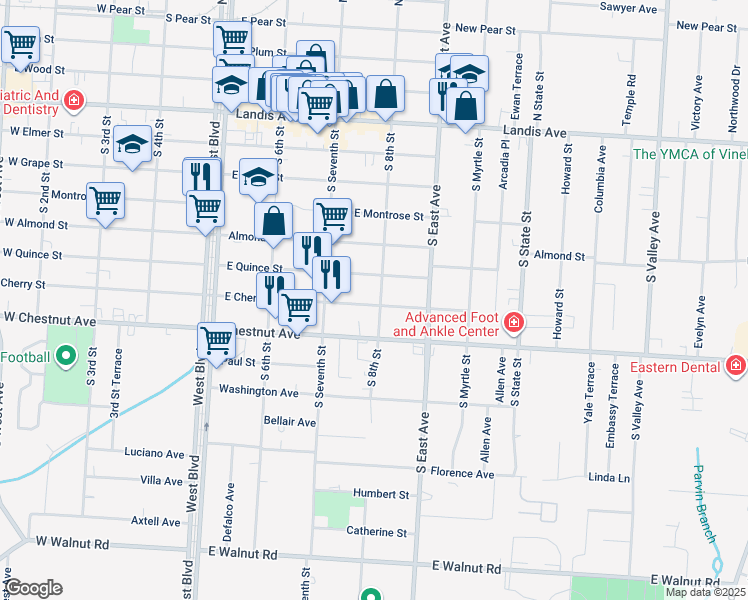 map of restaurants, bars, coffee shops, grocery stores, and more near 520 S 8th St in Vineland