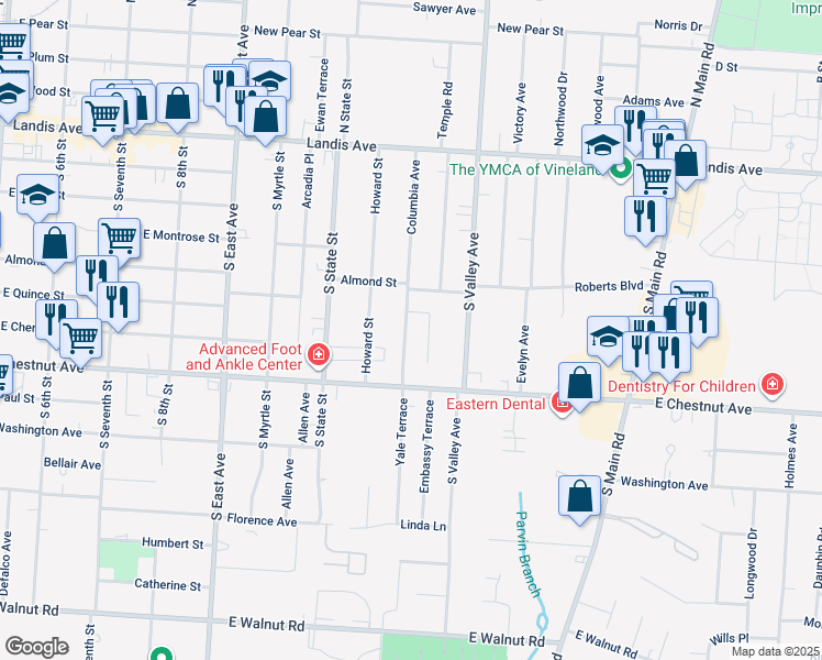 map of restaurants, bars, coffee shops, grocery stores, and more near 71 Columbia Avenue in Vineland