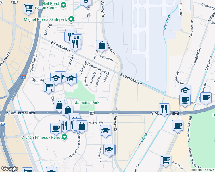 map of restaurants, bars, coffee shops, grocery stores, and more near 4605 Persimmon Road in Reno