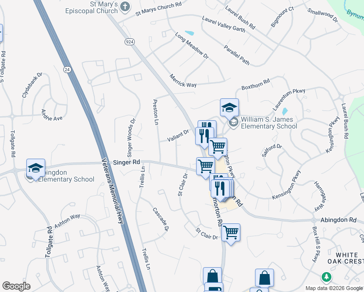 map of restaurants, bars, coffee shops, grocery stores, and more near 2903 Silver Spruce Lane in Abingdon