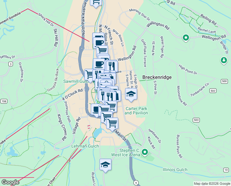 map of restaurants, bars, coffee shops, grocery stores, and more near 224 South Ridge Street in Breckenridge