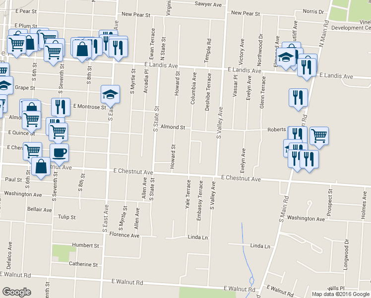 map of restaurants, bars, coffee shops, grocery stores, and more near 70 Columbia Avenue in Vineland
