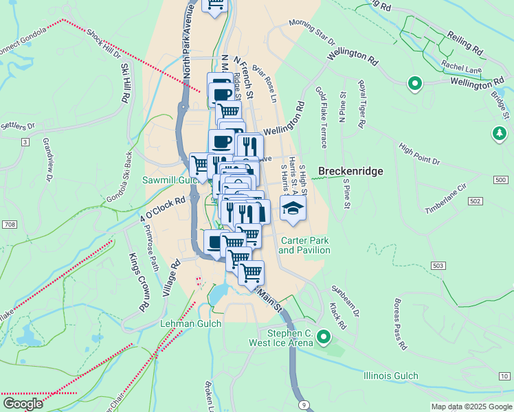 map of restaurants, bars, coffee shops, grocery stores, and more near 224 South Ridge Street in Breckenridge