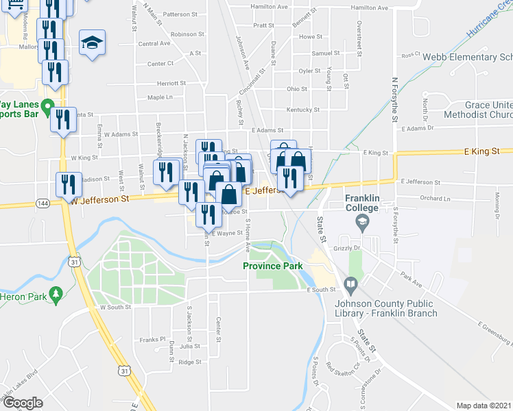 map of restaurants, bars, coffee shops, grocery stores, and more near 248 E Monroe St in Franklin