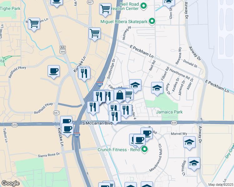 map of restaurants, bars, coffee shops, grocery stores, and more near 577 Smithridge Park in Reno