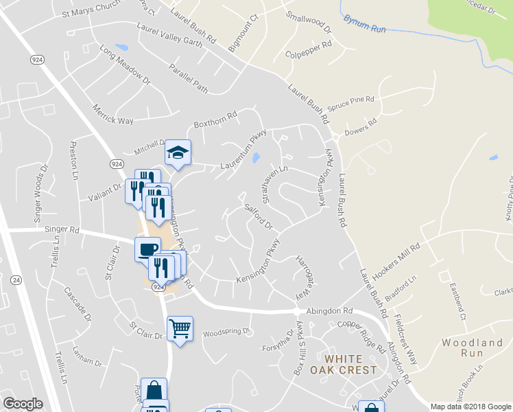 map of restaurants, bars, coffee shops, grocery stores, and more near 2916 Salford Drive in Abingdon