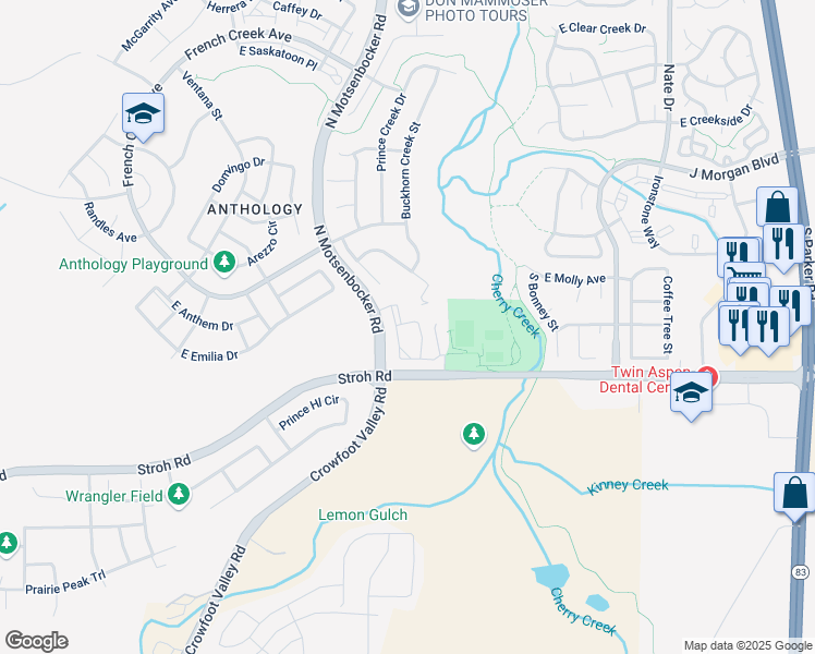 map of restaurants, bars, coffee shops, grocery stores, and more near 18657 Stroh Road in Parker