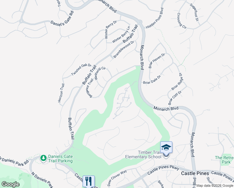 map of restaurants, bars, coffee shops, grocery stores, and more near 12 Roder Gate Lane in Castle Rock