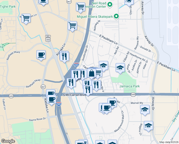 map of restaurants, bars, coffee shops, grocery stores, and more near 577 Smithridge Park in Reno