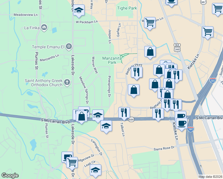 map of restaurants, bars, coffee shops, grocery stores, and more near 4959 Talbot Lane in Reno