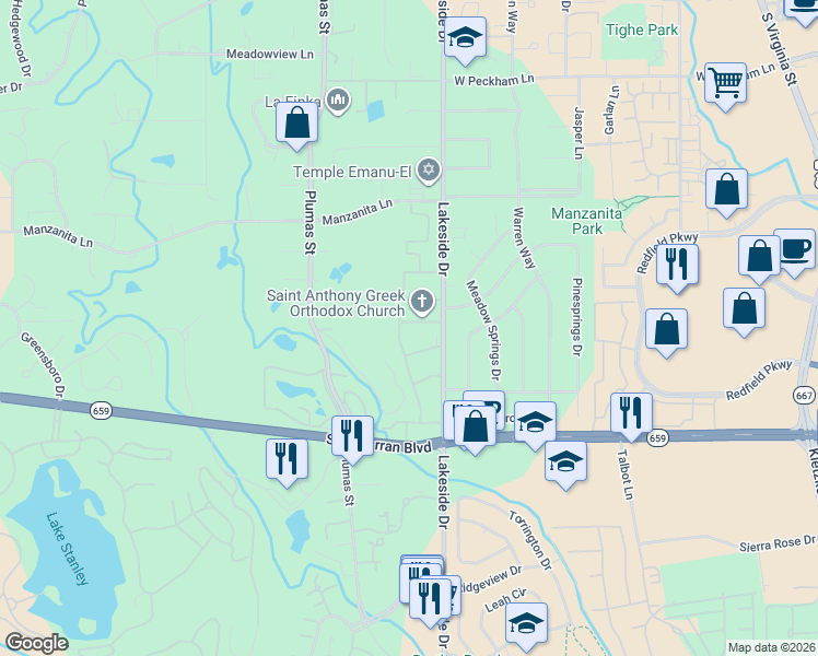 map of restaurants, bars, coffee shops, grocery stores, and more near 1920 South Villa Way in Reno
