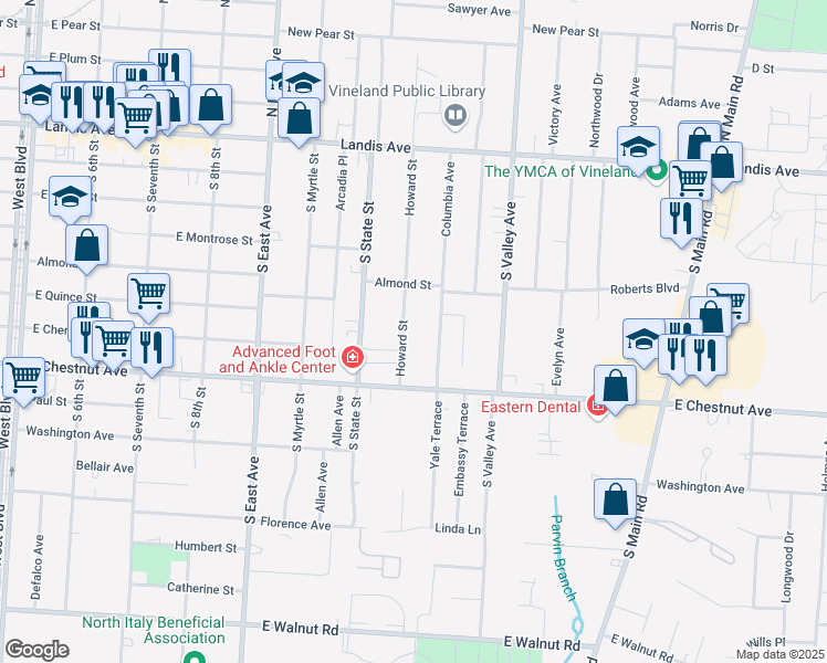 map of restaurants, bars, coffee shops, grocery stores, and more near 70 Columbia Avenue in Vineland