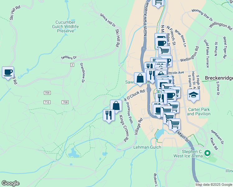 map of restaurants, bars, coffee shops, grocery stores, and more near 149 Sawmill Road in Breckenridge