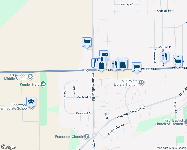 map of restaurants, bars, coffee shops, grocery stores, and more near Wayne Madison Road in Trenton