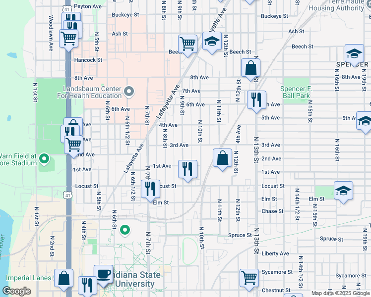 map of restaurants, bars, coffee shops, grocery stores, and more near 1043 North 9th Street in Terre Haute