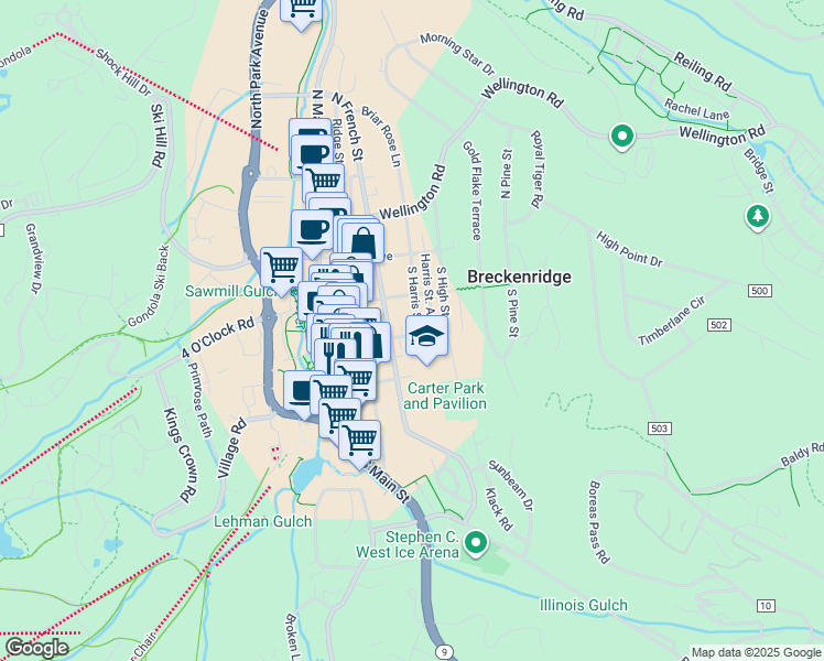 map of restaurants, bars, coffee shops, grocery stores, and more near 219 S Street in Breckenridge