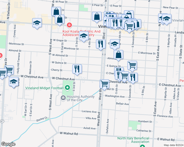map of restaurants, bars, coffee shops, grocery stores, and more near 411 West Cherry Street in Vineland