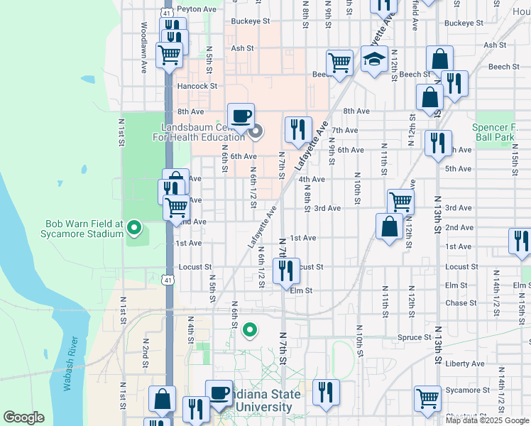 map of restaurants, bars, coffee shops, grocery stores, and more near 674 Lafayette Avenue in Terre Haute
