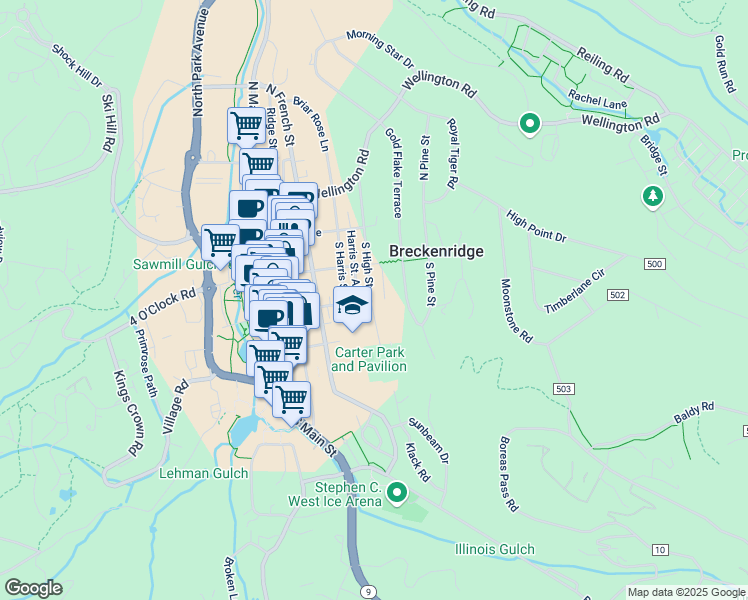 map of restaurants, bars, coffee shops, grocery stores, and more near 250 South High Street in Breckenridge