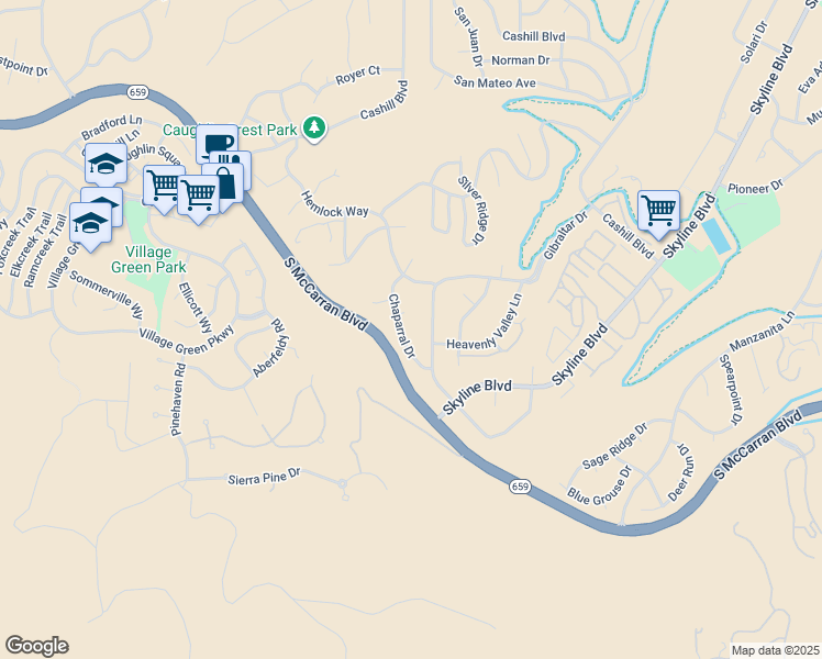 map of restaurants, bars, coffee shops, grocery stores, and more near 2646 Chaparral Dr in Reno