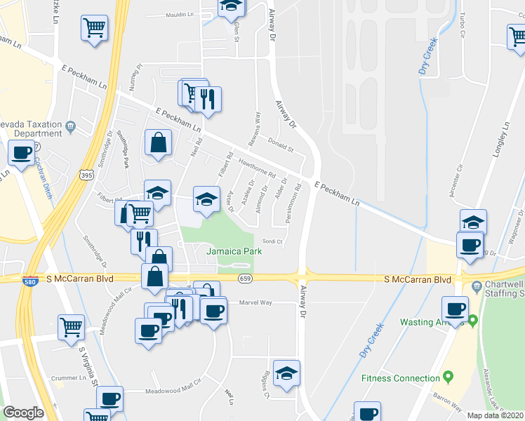 map of restaurants, bars, coffee shops, grocery stores, and more near 4640 Almond Drive in Reno